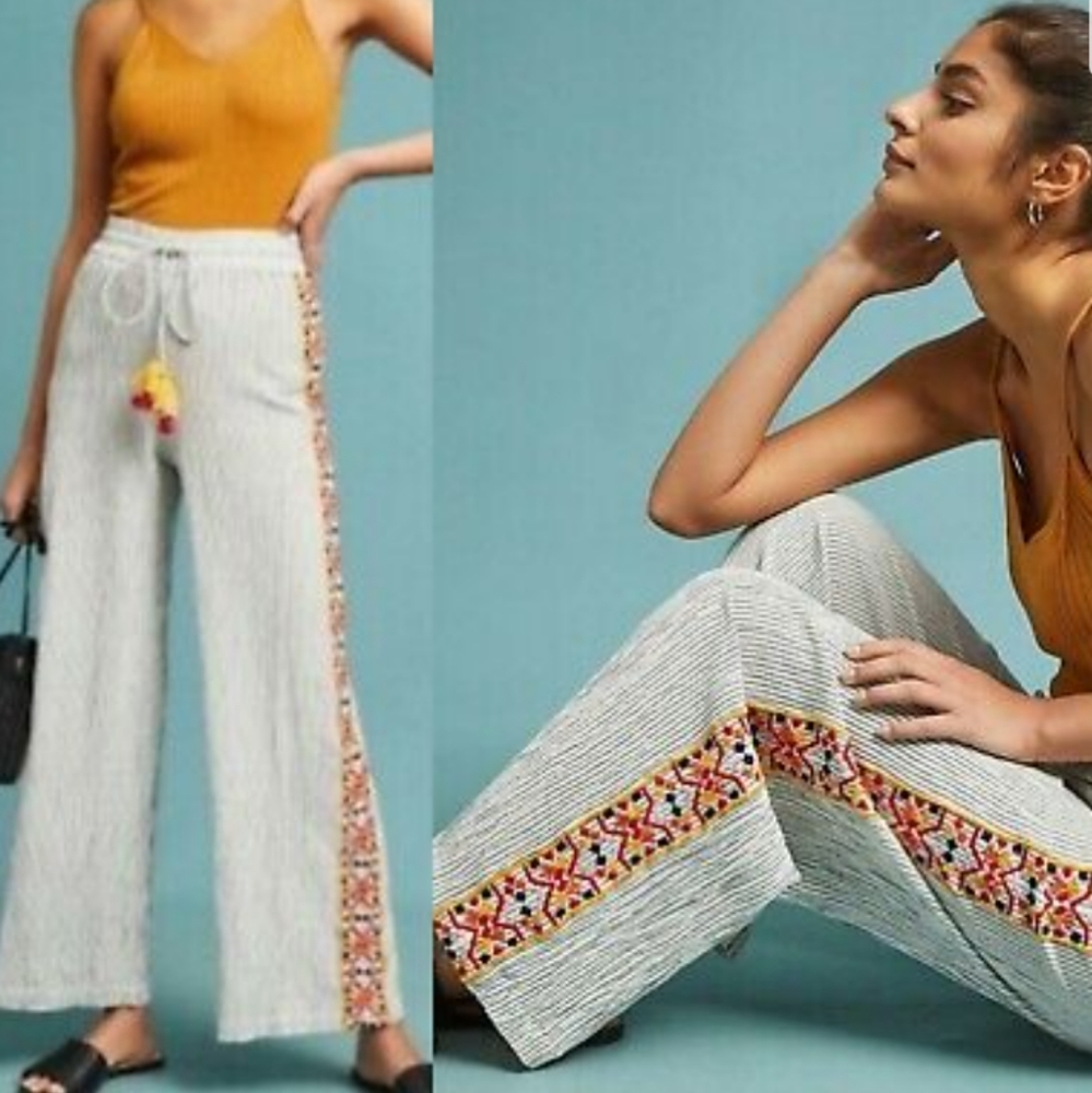 Anthropologie Laia Stasia Embroidered Tassel Wide Leg Pant NWOT